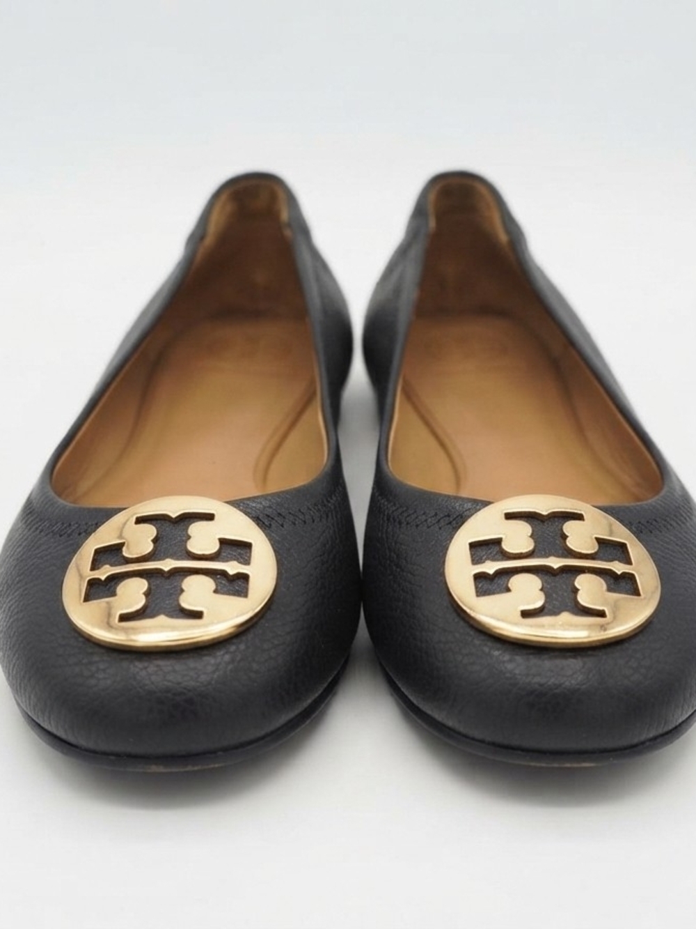 Tory Burch Black Leather Reva Ballet Flats Gold Logo Size 10